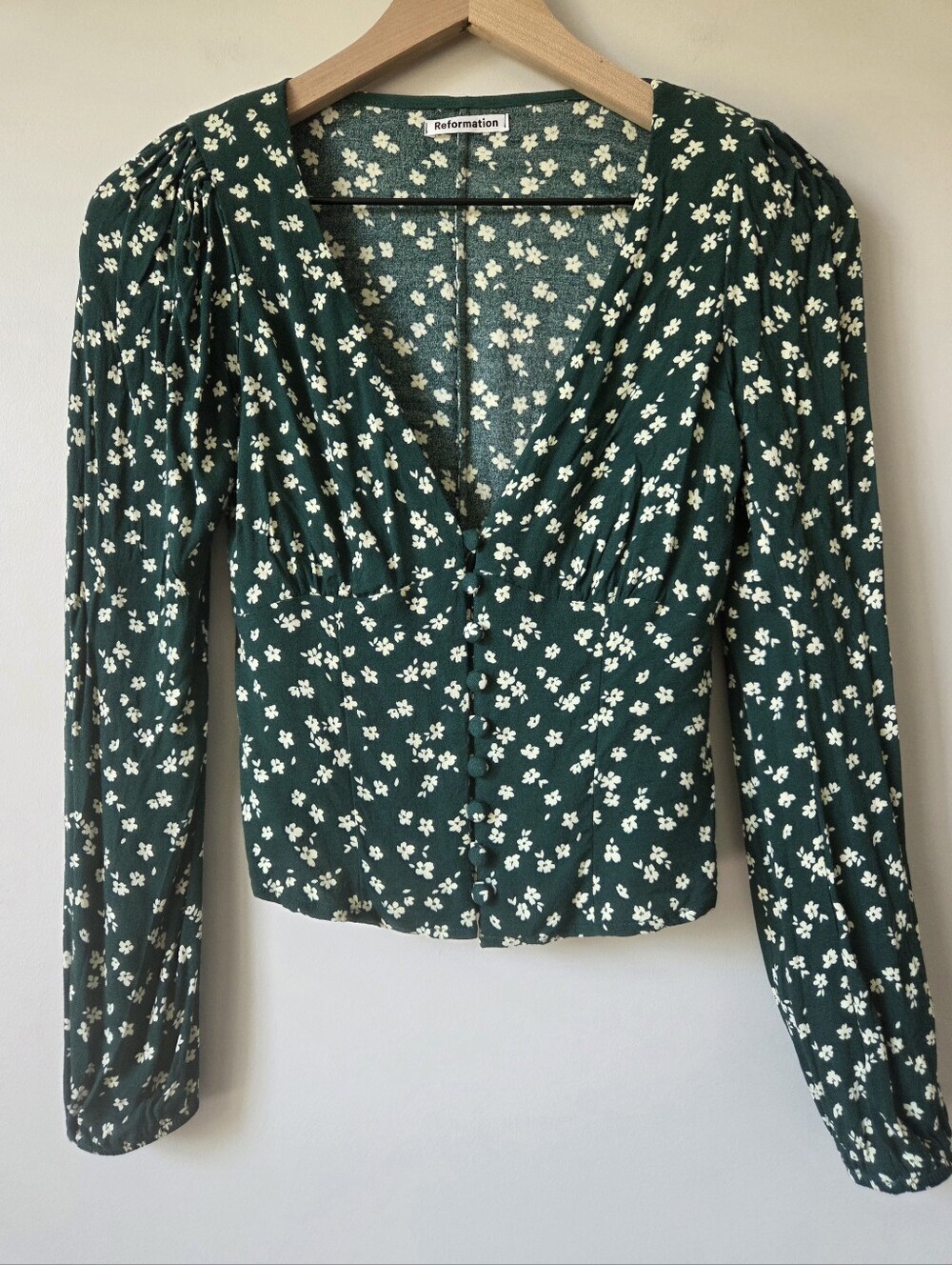 Reformation Nell Green Floral Long Sleeve Button Front Top Womens Size XS - Picture 2 of 8